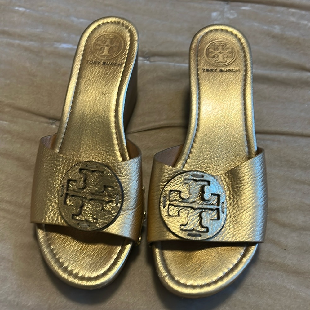 Tory Burch gold wedges